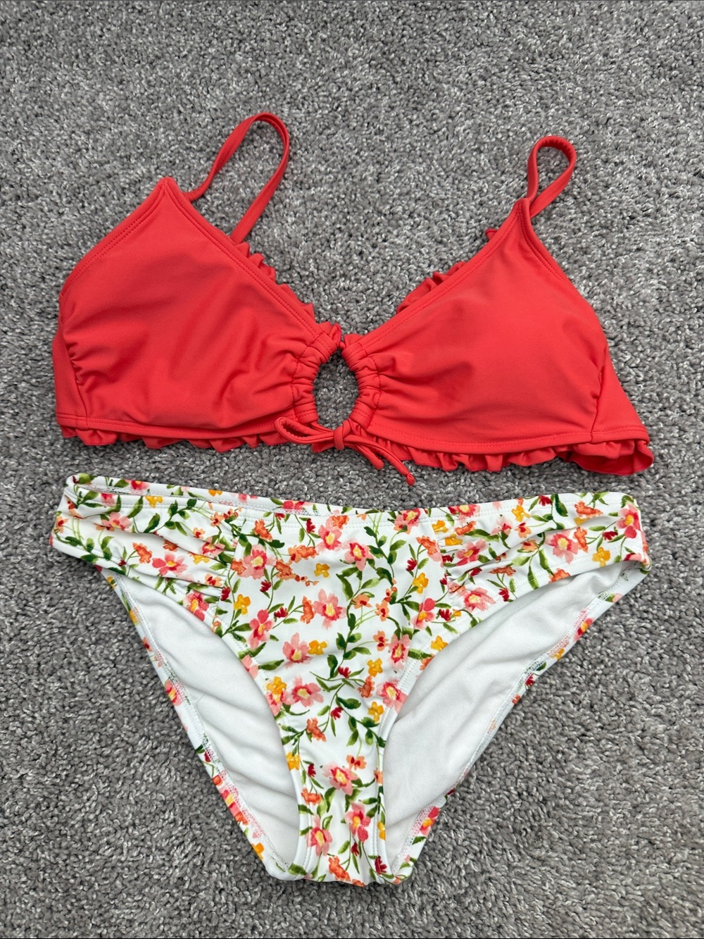 Shade & Shore Coral Top with Floral White Bottom Bikini Set